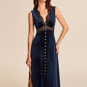 V-Neck Lace Panel Velvet Midi Dress